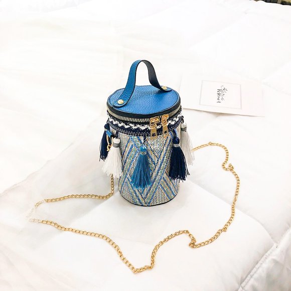 Staycation Blue Tassle cylinder bucket bag purse - Picture 4 of 7